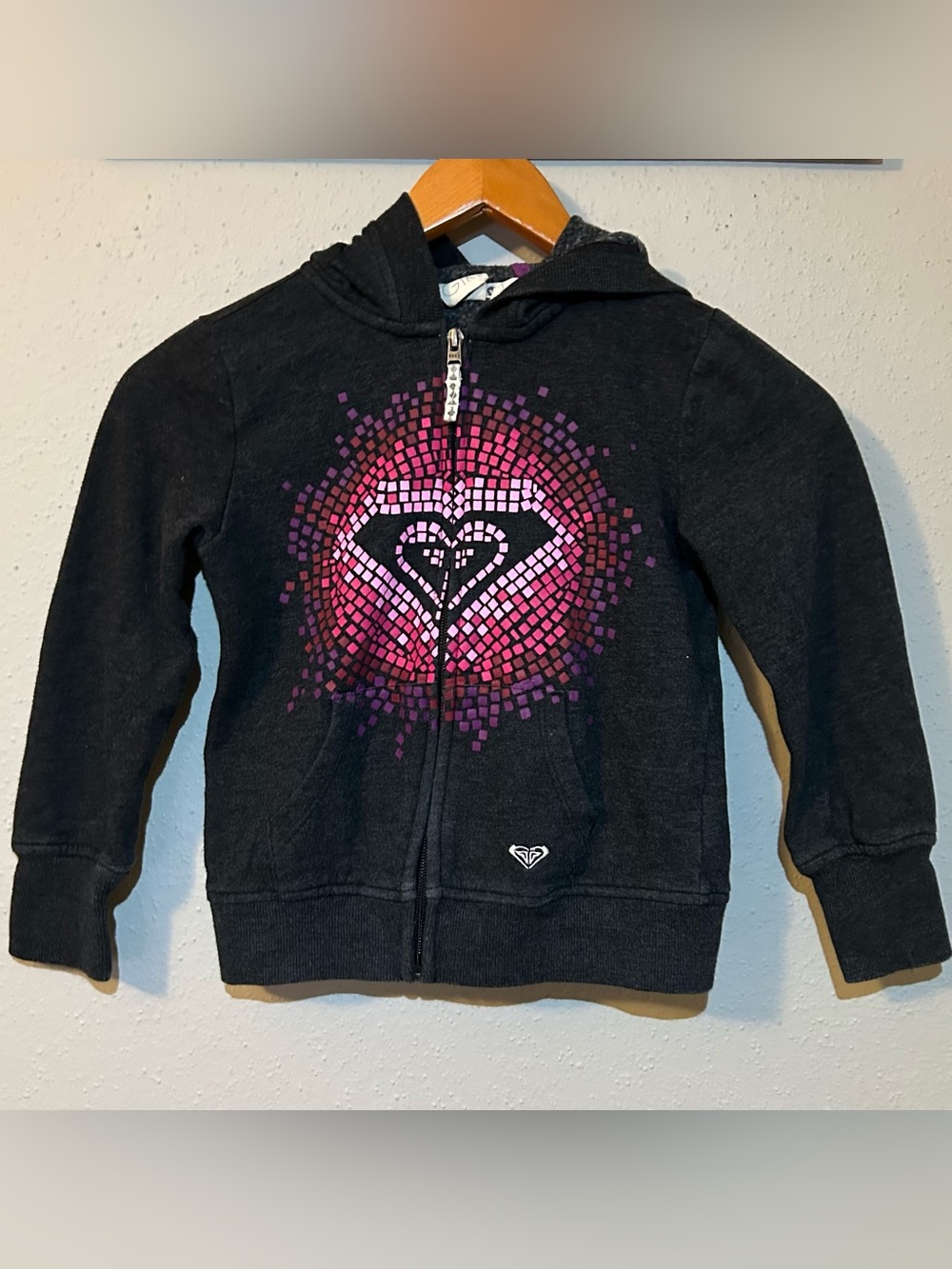 Roxy Girl Black Zip-Up Hoodie Girls Size 6 Heart Logo